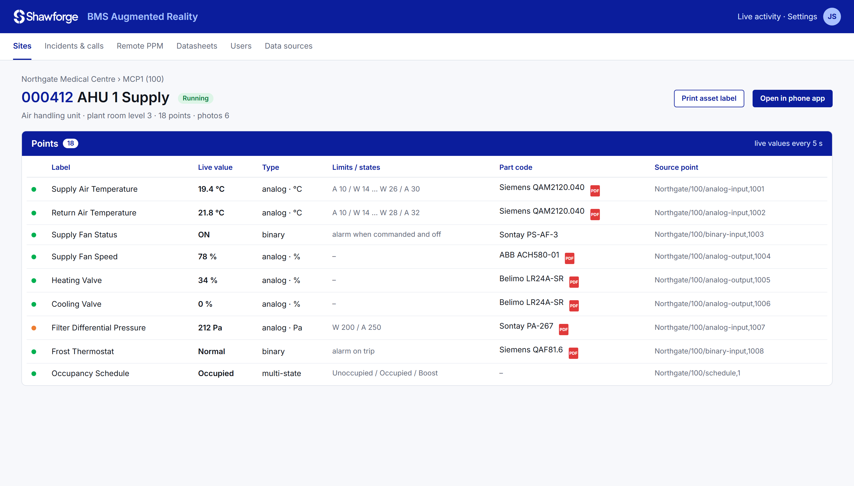 BMS AR plant page for an air handling unit: points with live values, limits, part codes and datasheet links