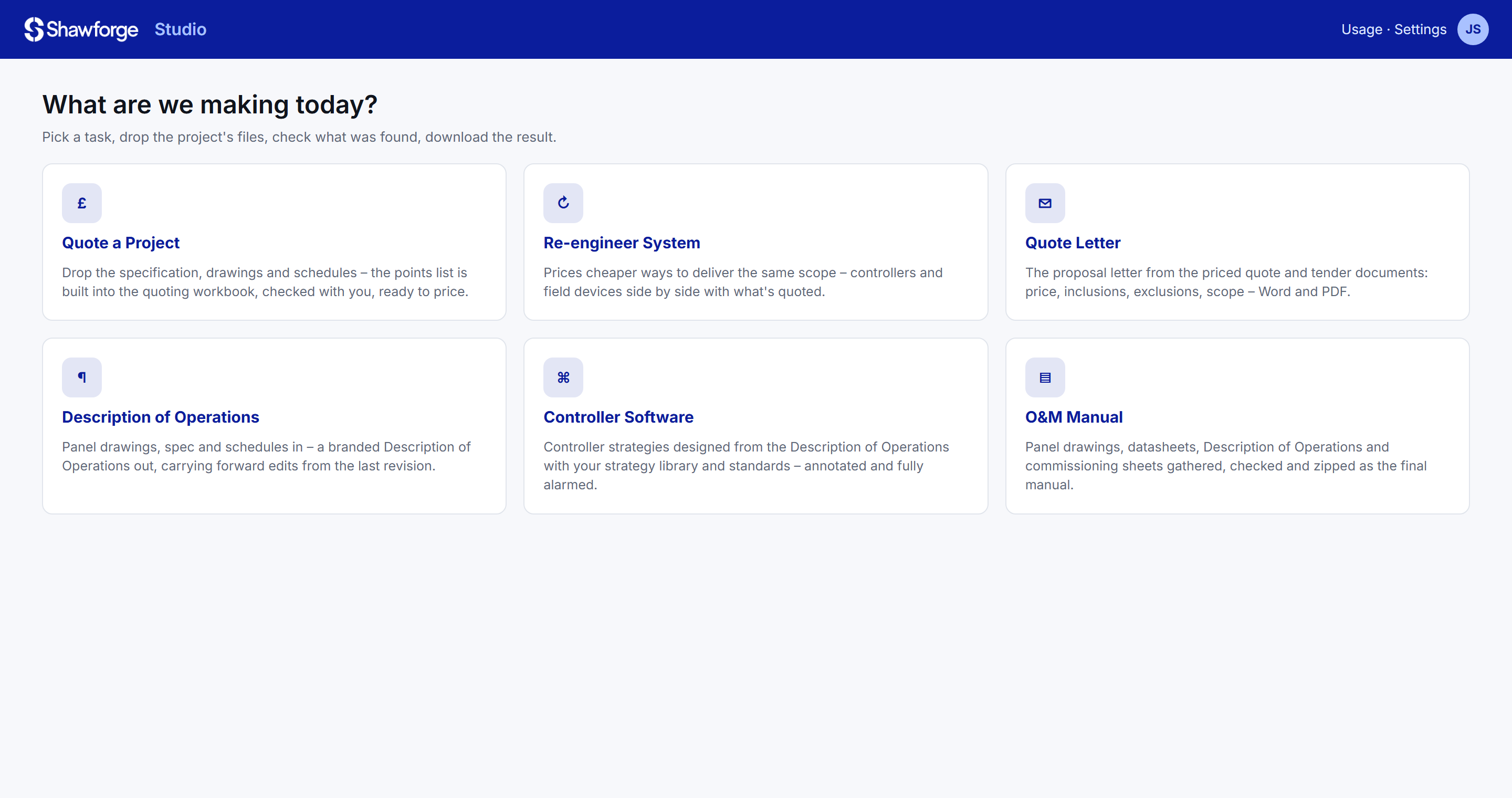 Studio home page with task tiles: Quote a Project, Re-engineer System, Quote Letter, Description of Operations, Controller Software and O&M Manual