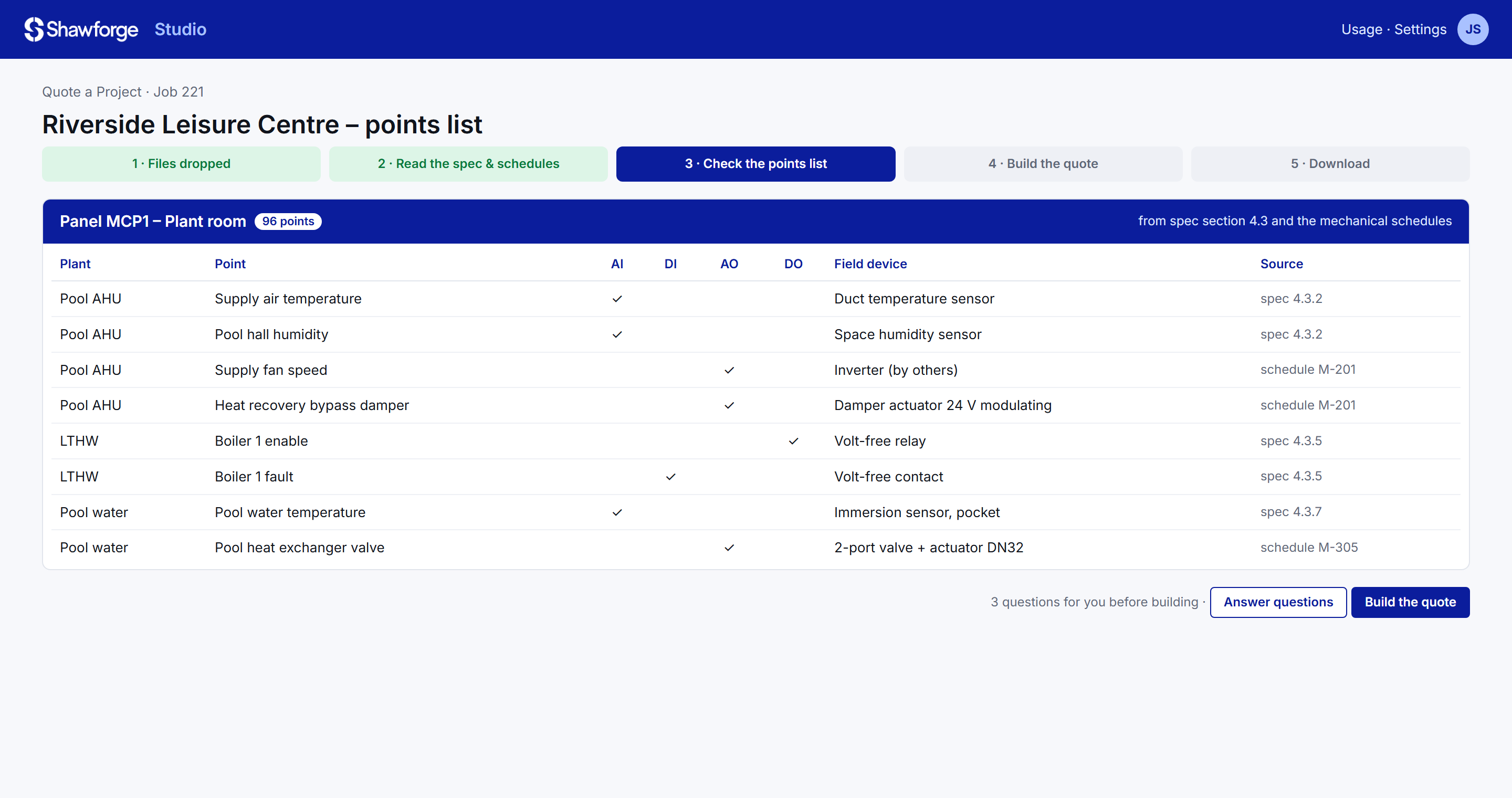 Studio checking a points list for a leisure centre: points by plant with IO types, field devices and the specification source